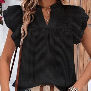 Ruffle Accent Flutter Sleeve Notch Neck Top